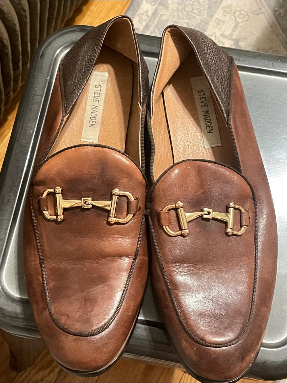 Steve Madden Brown Leather Bit Loafers with Gold Hardware